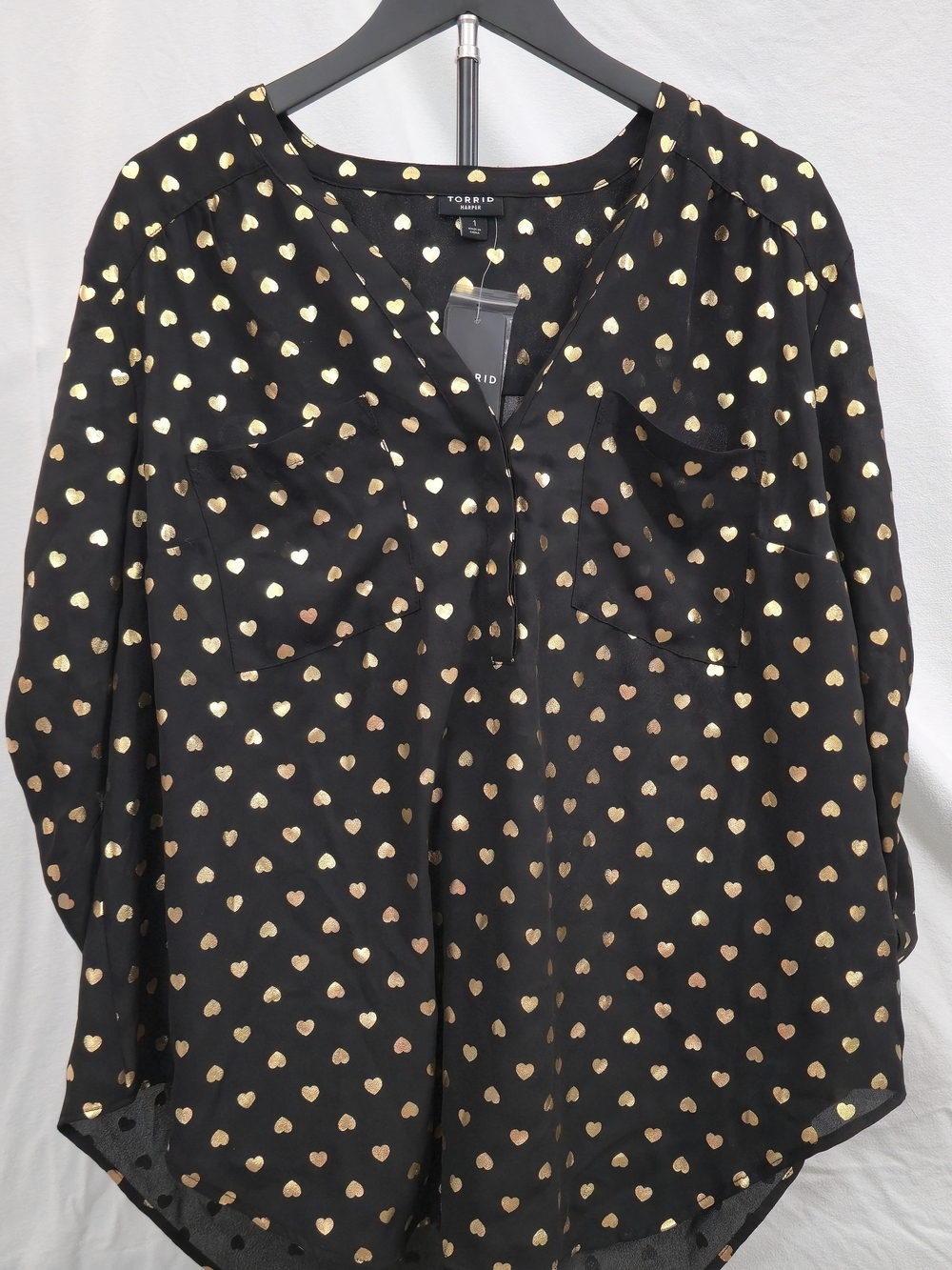torrid Black Harper V-Neck Blouse with Metallic Gold Heart Print